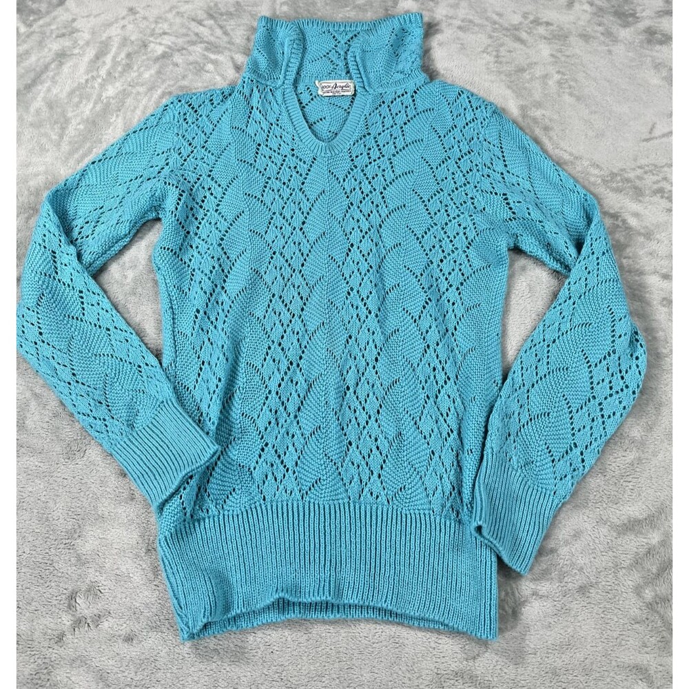 VTG 70s 80s ILGWU Open Knit Sweater Small Turquoise Split Neck Turtleneck